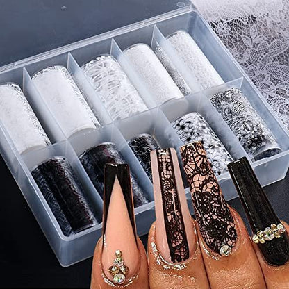 SINSEN Lace Nail Art Foil Transfer Stickers - Black White Flower Starry Sky Decals for Women Manicure Tips