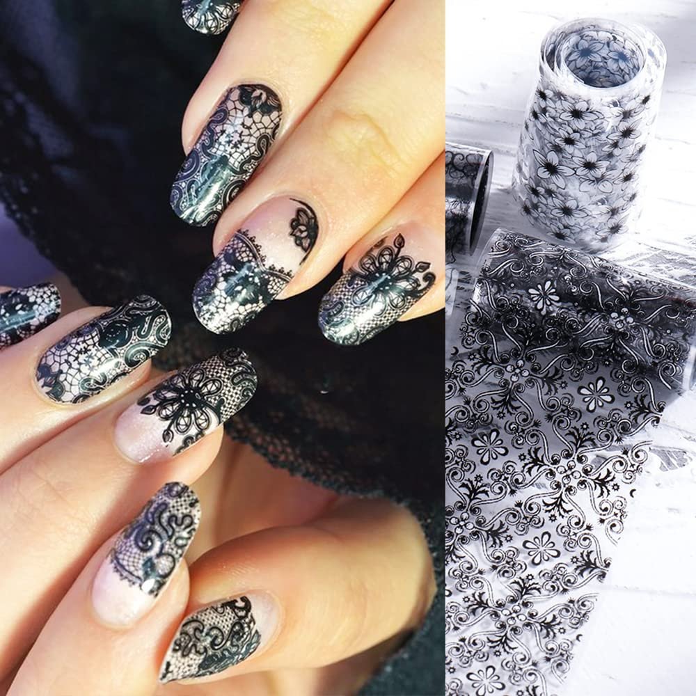 SINSEN Lace Nail Art Foil Transfer Stickers - Black White Flower Starry Sky Decals for Women Manicure Tips - görsel 5