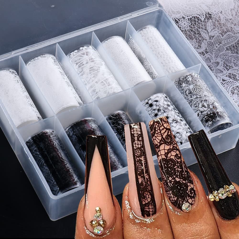 SINSEN Lace Nail Art Foil Transfer Stickers - Black White Flower Starry Sky Decals for Women Manicure Tips - görsel 1