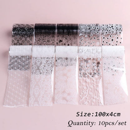 SINSEN Lace Nail Art Foil Transfer Stickers - Black White Flower Starry Sky Decals for Women Manicure Tips