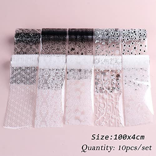 SINSEN Lace Nail Art Foil Transfer Stickers - Black White Flower Starry Sky Decals for Women Manicure Tips - görsel 10