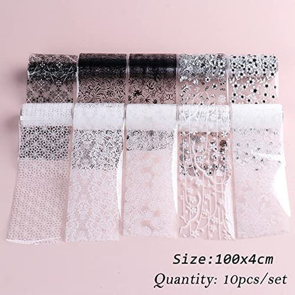 SINSEN Lace Nail Art Foil Transfer Stickers - Black White Flower Starry Sky Decals for Women Manicure Tips