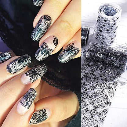 SINSEN Lace Nail Art Foil Transfer Stickers - Black White Flower Starry Sky Decals for Women Manicure Tips