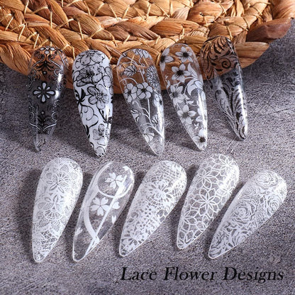 SINSEN Lace Nail Art Foil Transfer Stickers - Black White Flower Starry Sky Decals for Women Manicure Tips