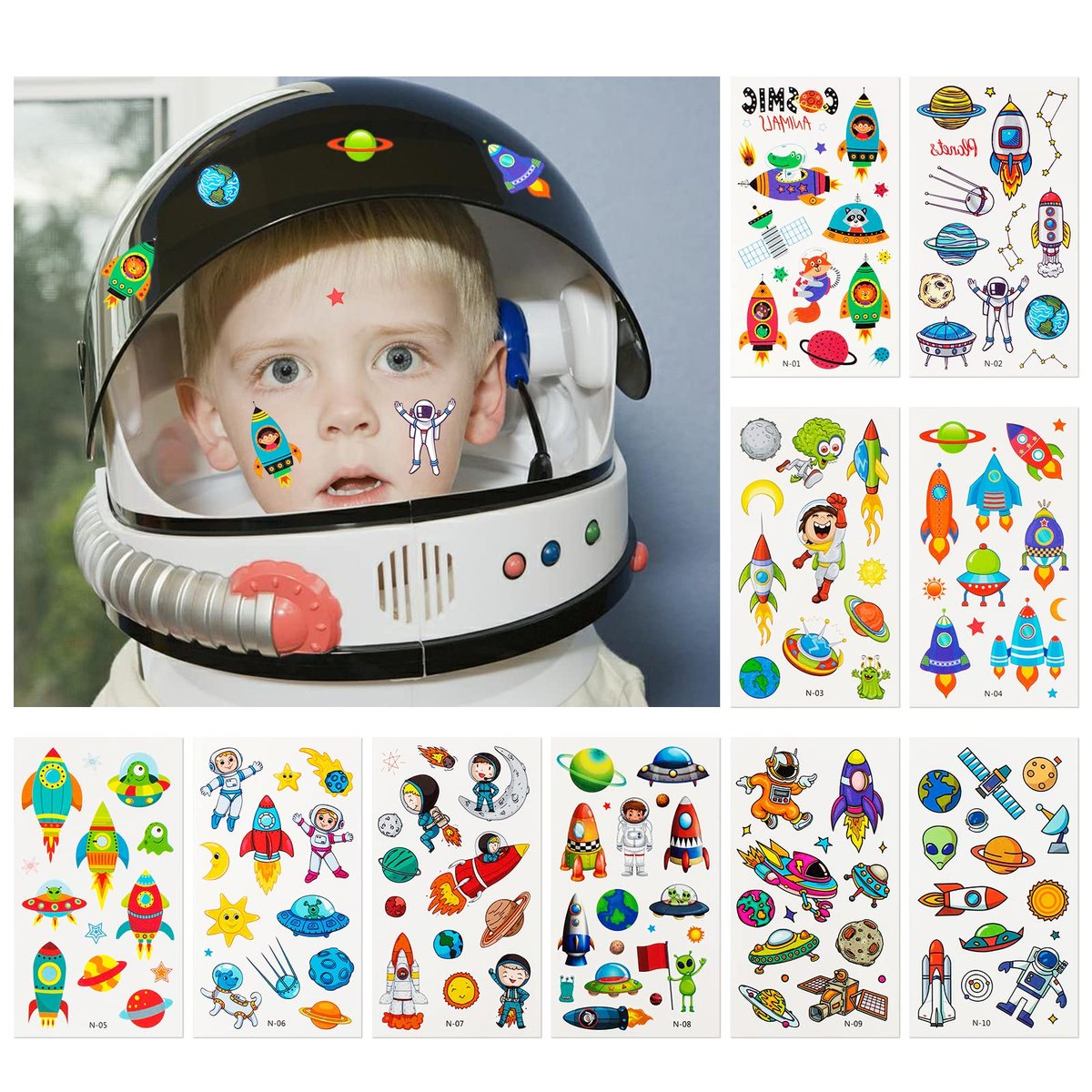 Habett 60 Sheets Temporary Tattoos for Kids – Mixed Styles Space Dinosaur Animals Sticker Set for Boys Girls Birthday Party Supplies - görsel 9