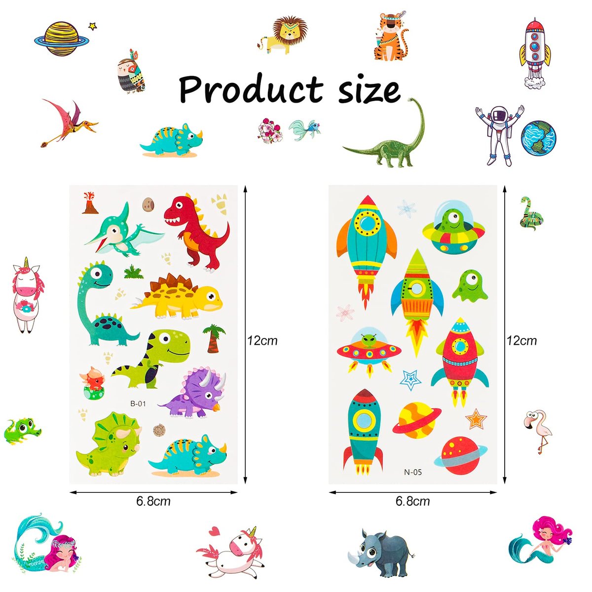 Habett 60 Sheets Temporary Tattoos for Kids – Mixed Styles Space Dinosaur Animals Sticker Set for Boys Girls Birthday Party Supplies - görsel 3