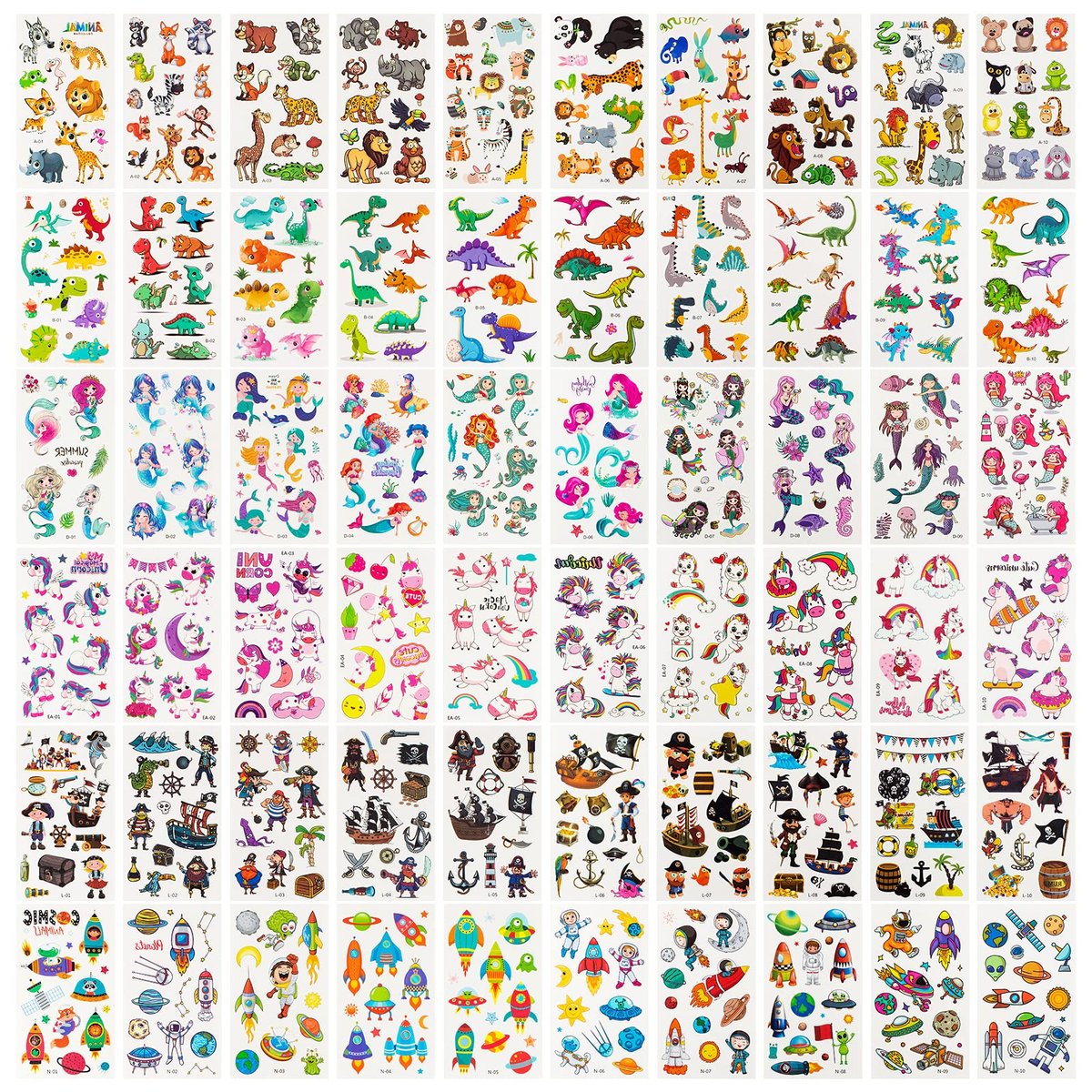 Habett 60 Sheets Temporary Tattoos for Kids – Mixed Styles Space Dinosaur Animals Sticker Set for Boys Girls Birthday Party Supplies - görsel 1
