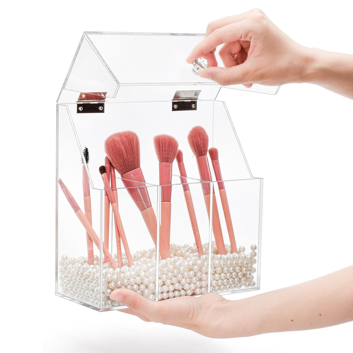 Okllen Acrylic Makeup Brush Holder with Dustproof Lid and 3 Compartments – Clear Cosmetic Organizer for Vanity, Bathroom, Bedroom Avelisse