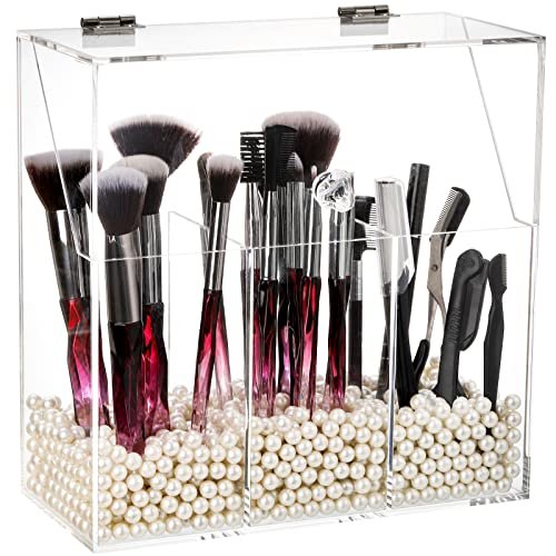 Okllen Acrylic Makeup Brush Holder with Dustproof Lid and 3 Compartments – Clear Cosmetic Organizer for Vanity, Bathroom, Bedroom Avelisse