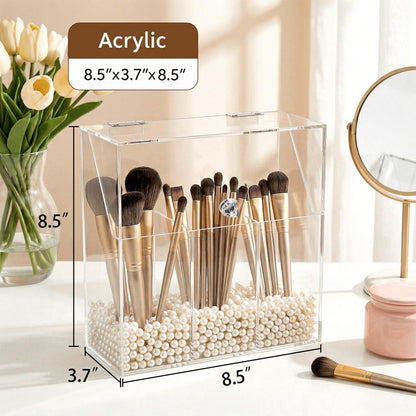 Okllen Acrylic Makeup Brush Holder with Dustproof Lid and 3 Compartments – Clear Cosmetic Organizer for Vanity, Bathroom, Bedroom Avelisse