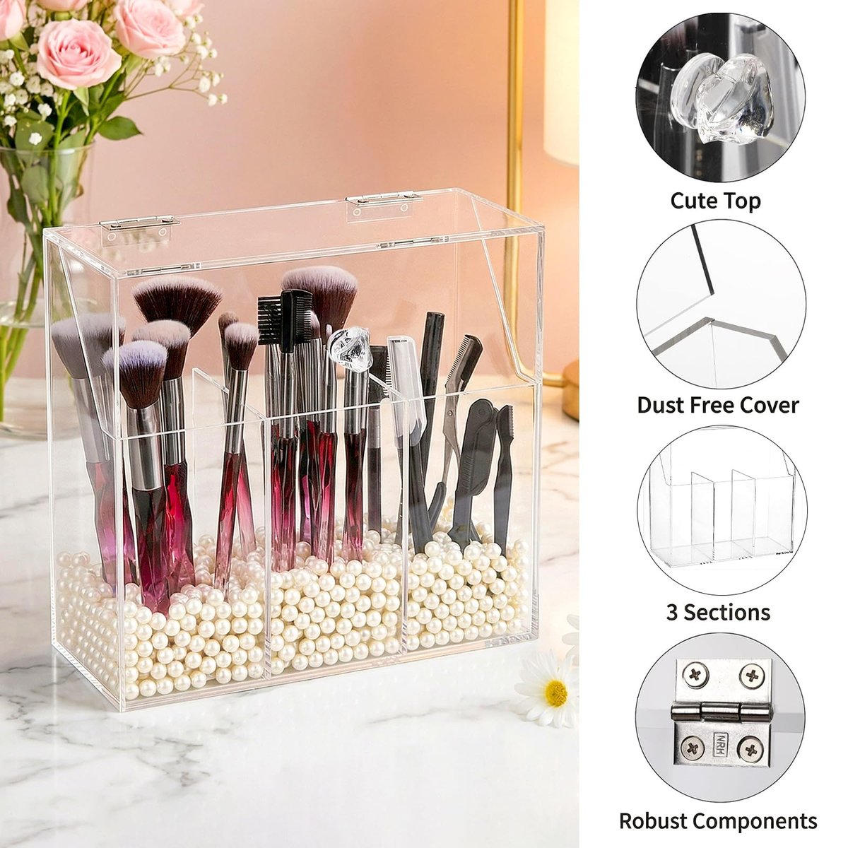 Okllen Acrylic Makeup Brush Holder with Dustproof Lid and 3 Compartments – Clear Cosmetic Organizer for Vanity, Bathroom, Bedroom Avelisse