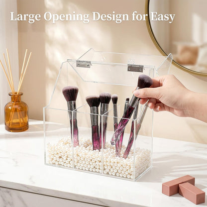 Okllen Acrylic Makeup Brush Holder with Dustproof Lid and 3 Compartments – Clear Cosmetic Organizer for Vanity, Bathroom, Bedroom Avelisse