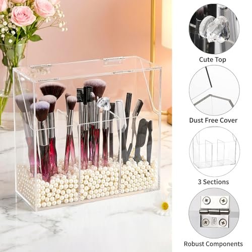 Okllen Acrylic Makeup Brush Holder with Dustproof Lid and 3 Compartments – Clear Cosmetic Organizer for Vanity, Bathroom, Bedroom Avelisse