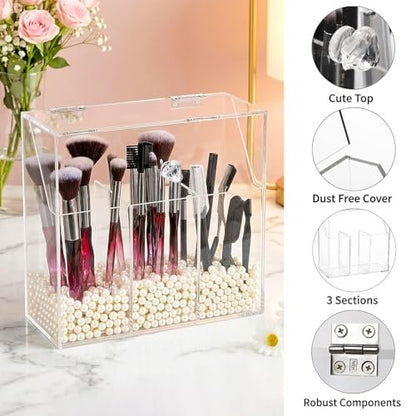 Okllen Acrylic Makeup Brush Holder with Dustproof Lid and 3 Compartments – Clear Cosmetic Organizer for Vanity, Bathroom, Bedroom Avelisse