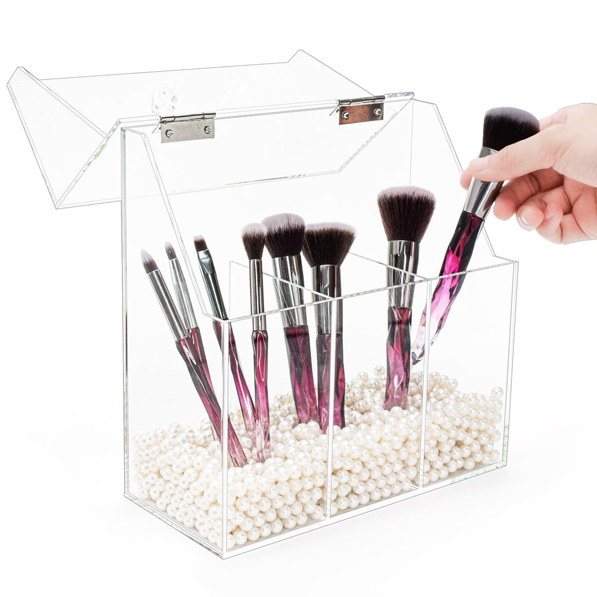Okllen Acrylic Makeup Brush Holder with Dustproof Lid and 3 Compartments – Clear Cosmetic Organizer for Vanity, Bathroom, Bedroom Avelisse