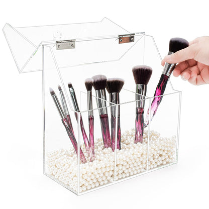 Okllen Acrylic Makeup Brush Holder with Dustproof Lid and 3 Compartments – Clear Cosmetic Organizer for Vanity, Bathroom, Bedroom Avelisse
