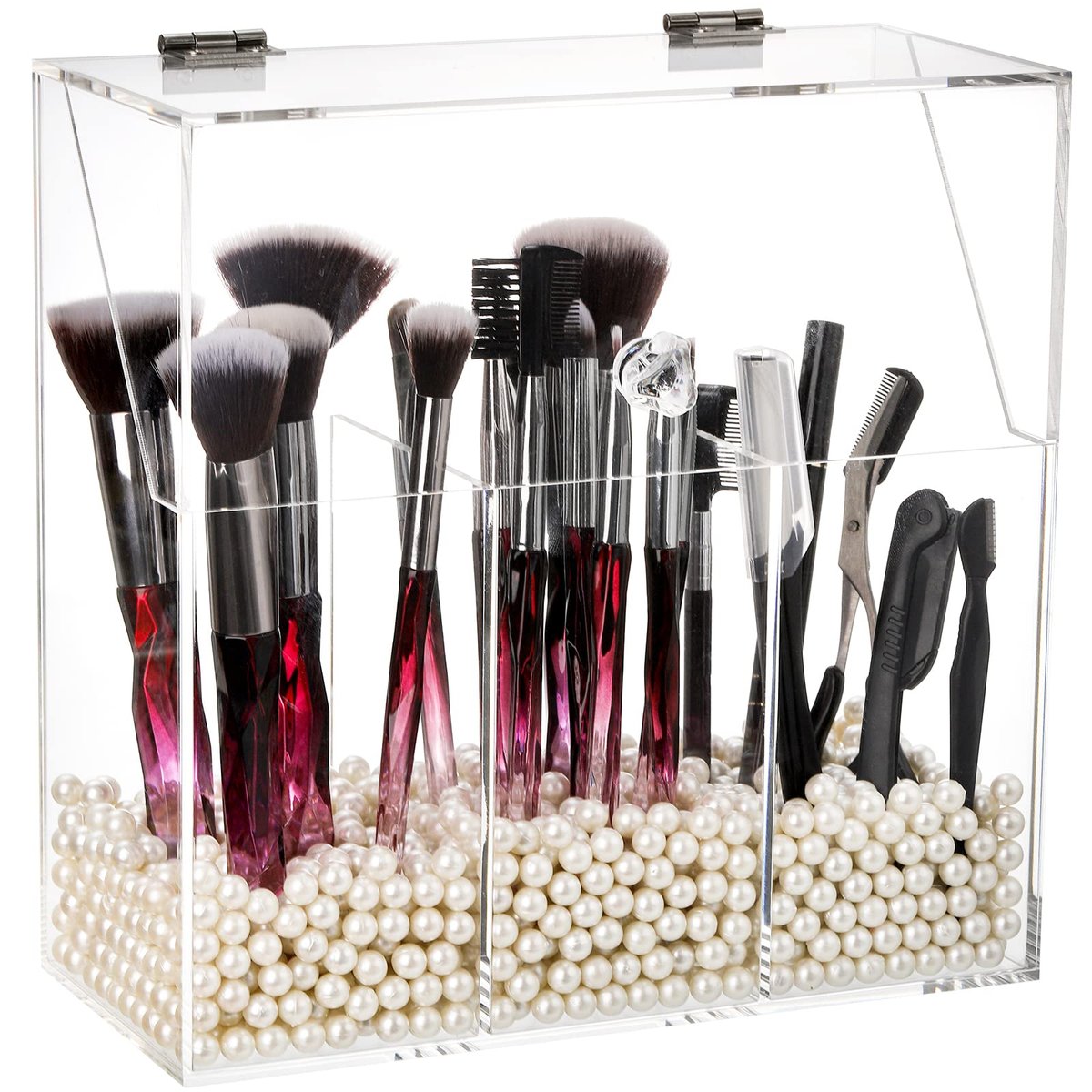 Okllen Acrylic Makeup Brush Holder with Dustproof Lid and 3 Compartments – Clear Cosmetic Organizer for Vanity, Bathroom, Bedroom Avelisse