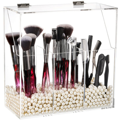 Okllen Acrylic Makeup Brush Holder with Dustproof Lid and 3 Compartments – Clear Cosmetic Organizer for Vanity, Bathroom, Bedroom Avelisse