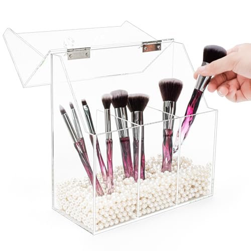 Okllen Acrylic Makeup Brush Holder with Dustproof Lid and 3 Compartments – Clear Cosmetic Organizer for Vanity, Bathroom, Bedroom Avelisse