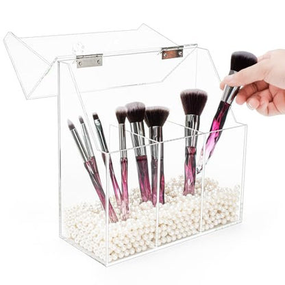 Okllen Acrylic Makeup Brush Holder with Dustproof Lid and 3 Compartments – Clear Cosmetic Organizer for Vanity, Bathroom, Bedroom Avelisse