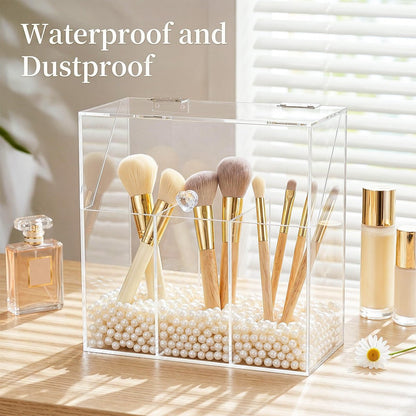 Okllen Acrylic Makeup Brush Holder with Dustproof Lid and 3 Compartments – Clear Cosmetic Organizer for Vanity, Bathroom, Bedroom Avelisse