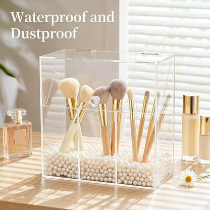 Okllen Acrylic Makeup Brush Holder with Dustproof Lid and 3 Compartments – Clear Cosmetic Organizer for Vanity, Bathroom, Bedroom Avelisse
