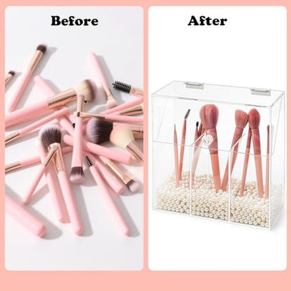 Okllen Acrylic Makeup Brush Holder with Dustproof Lid and 3 Compartments – Clear Cosmetic Organizer for Vanity, Bathroom, Bedroom Avelisse