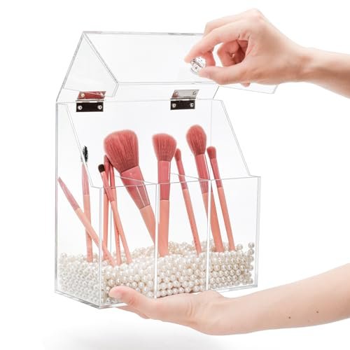 Okllen Acrylic Makeup Brush Holder with Dustproof Lid and 3 Compartments – Clear Cosmetic Organizer for Vanity, Bathroom, Bedroom Avelisse