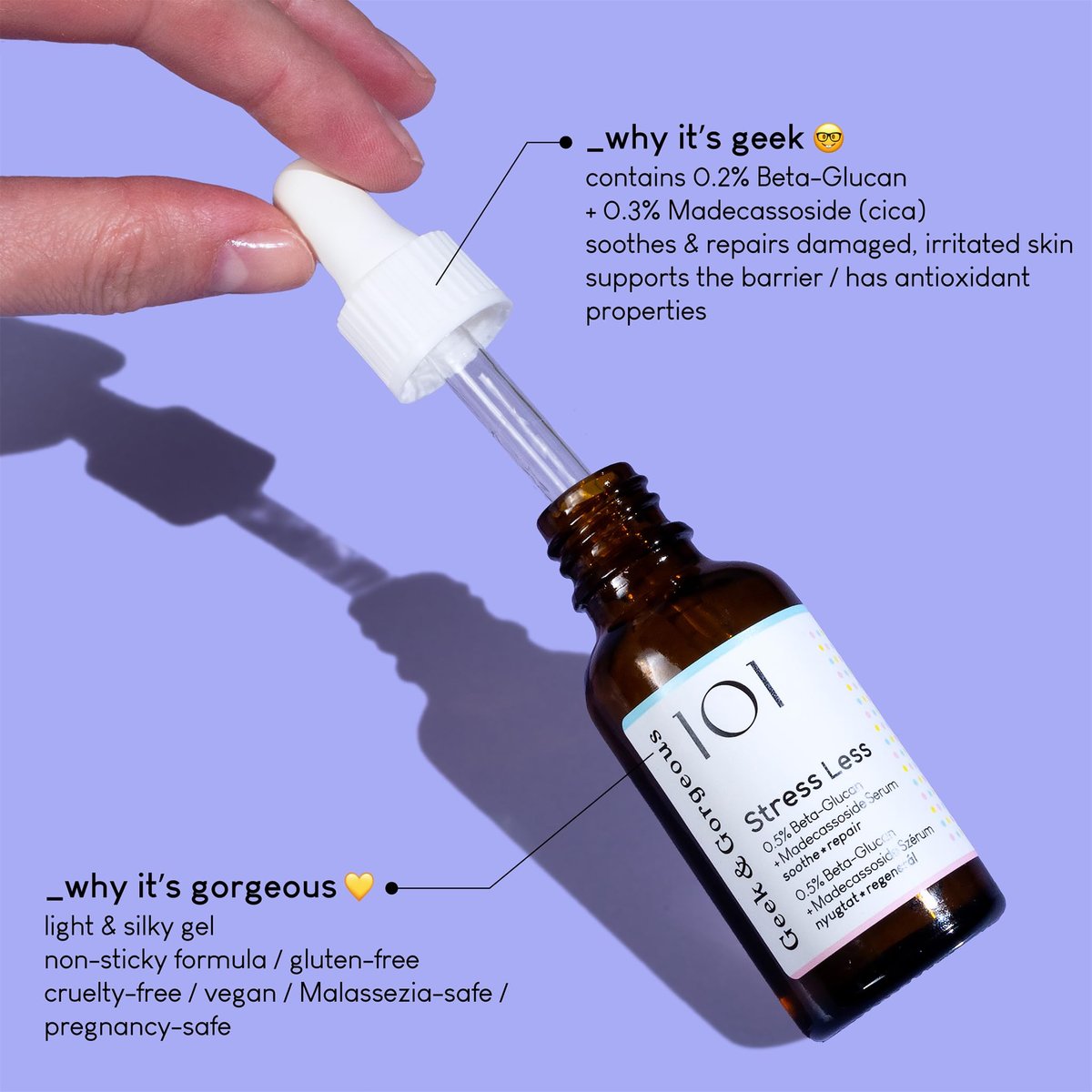 Geek & Gorgeous Stress Less Lightweight Gel Serum with Beta-Glucan & Madecassoside – Soothing Care for Sensitive Skin, 1 oz Avelisse