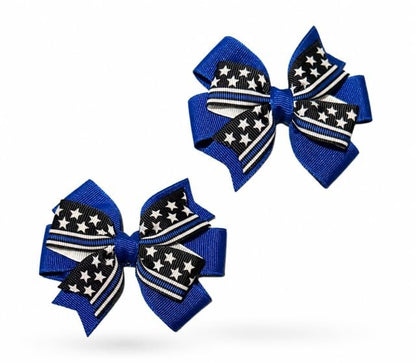 Blue Line Flag Police Officer Toddler Hair Bow Set – Thin Blue Line Grosgrain Ribbon Barrettes for Little Girls