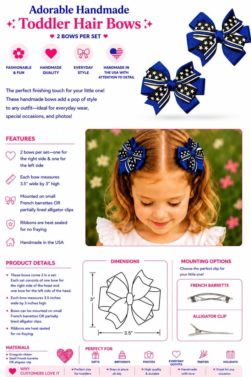 Blue Line Flag Police Officer Toddler Hair Bow Set – Thin Blue Line Grosgrain Ribbon Barrettes for Little Girls - görsel 3