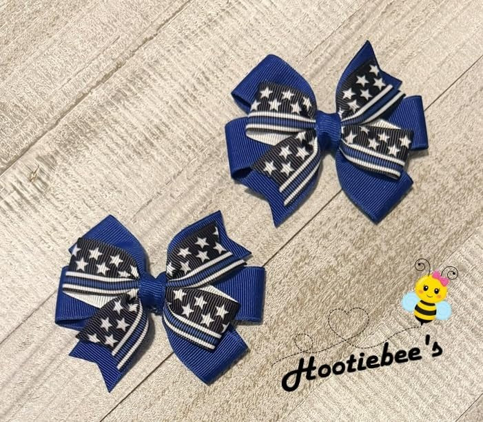 Blue Line Flag Police Officer Toddler Hair Bow Set – Thin Blue Line Grosgrain Ribbon Barrettes for Little Girls - görsel 2