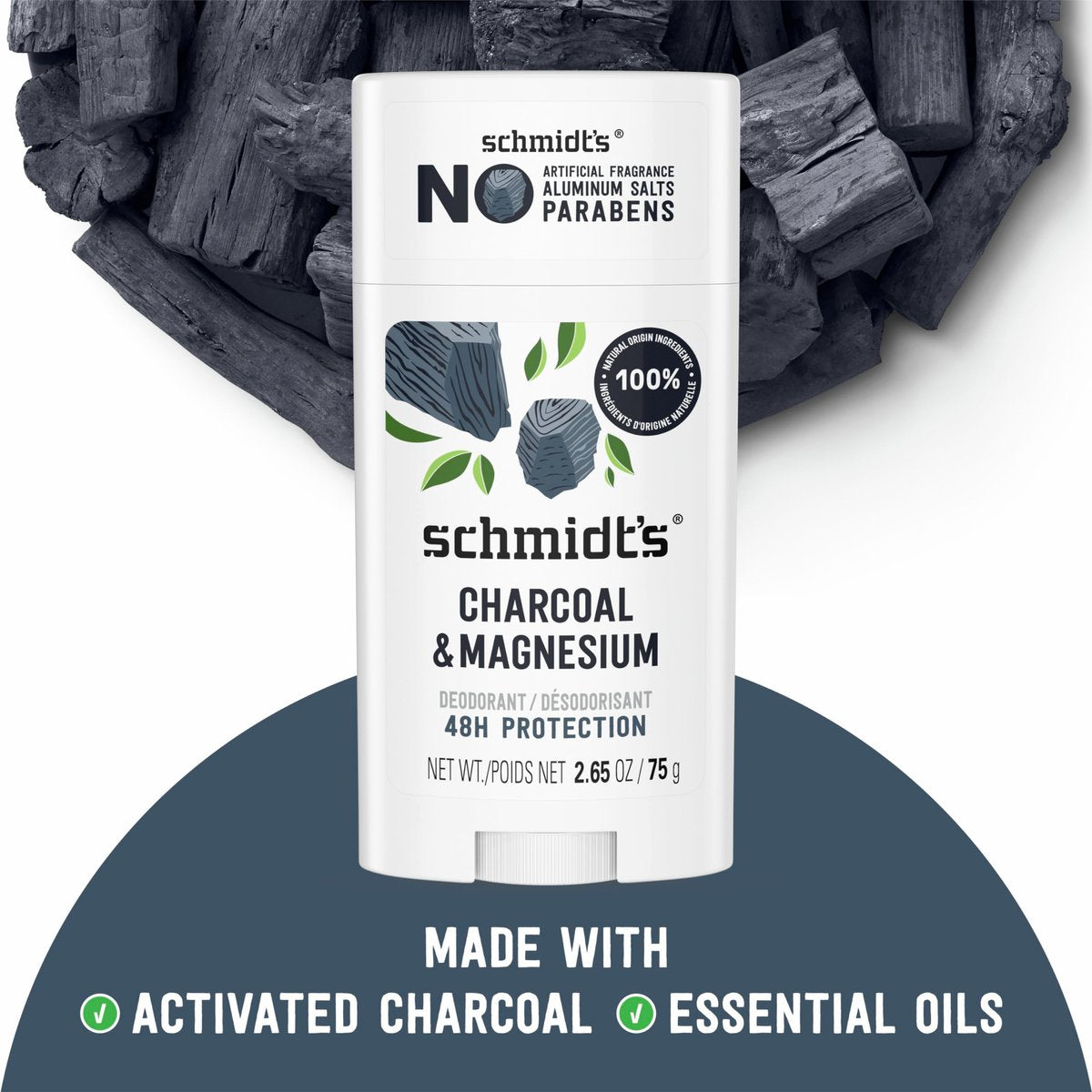Schmidt's Aluminum-Free Vegan Deodorant Charcoal & Magnesium, 48-Hour Odor Protection, 2 Count, 2.65 oz Each, Natural Ingredients, Cruelty-Free Avelisse
