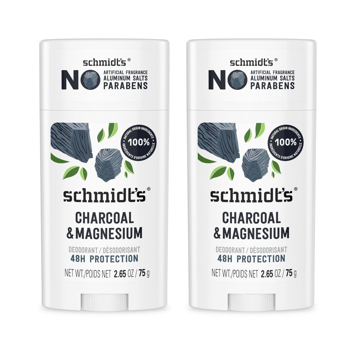 Schmidt's Aluminum-Free Vegan Deodorant Charcoal & Magnesium, 48-Hour Odor Protection, 2 Count, 2.65 oz Each, Natural Ingredients, Cruelty-Free Avelisse