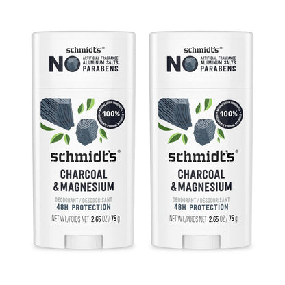 Schmidt's Aluminum-Free Vegan Deodorant Charcoal & Magnesium, 48-Hour Odor Protection, 2 Count, 2.65 oz Each, Natural Ingredients, Cruelty-Free Avelisse