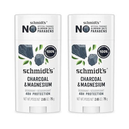 Schmidt's Aluminum-Free Vegan Deodorant Charcoal & Magnesium, 48-Hour Odor Protection, 2 Count, 2.65 oz Each, Natural Ingredients, Cruelty-Free Avelisse