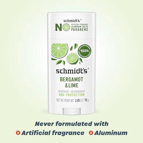 Schmidt's Aluminum-Free Vegan Deodorant Bergamot & Lime, 4-Pack, Natural 24-Hour Odor Protection for Women and Men, 2.65 oz Each Avelisse