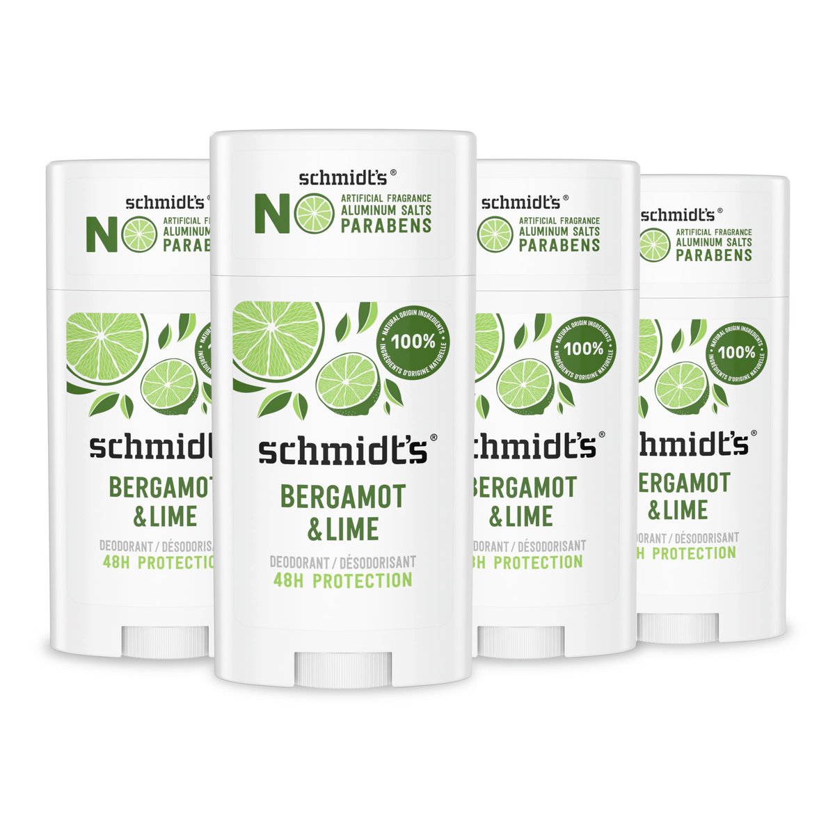 Schmidt's Aluminum-Free Vegan Deodorant Bergamot & Lime, 4-Pack, Natural 24-Hour Odor Protection for Women and Men, 2.65 oz Each Avelisse