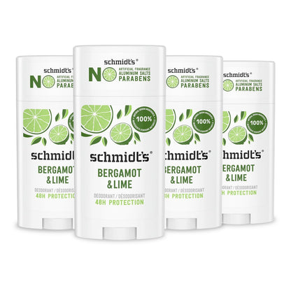 Schmidt's Aluminum-Free Vegan Deodorant Bergamot & Lime, 4-Pack, Natural 24-Hour Odor Protection for Women and Men, 2.65 oz Each Avelisse