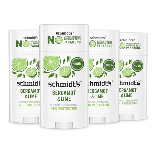 Schmidt's Aluminum-Free Vegan Deodorant Bergamot & Lime, 4-Pack, Natural 24-Hour Odor Protection for Women and Men, 2.65 oz Each Avelisse