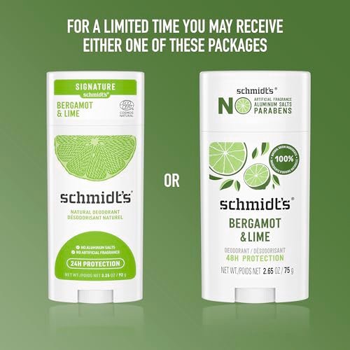 Schmidt's Aluminum-Free Vegan Deodorant Bergamot & Lime, 4-Pack, Natural 24-Hour Odor Protection for Women and Men, 2.65 oz Each Avelisse