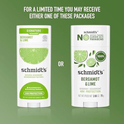 Schmidt's Aluminum-Free Vegan Deodorant Bergamot & Lime, 4-Pack, Natural 24-Hour Odor Protection for Women and Men, 2.65 oz Each Avelisse