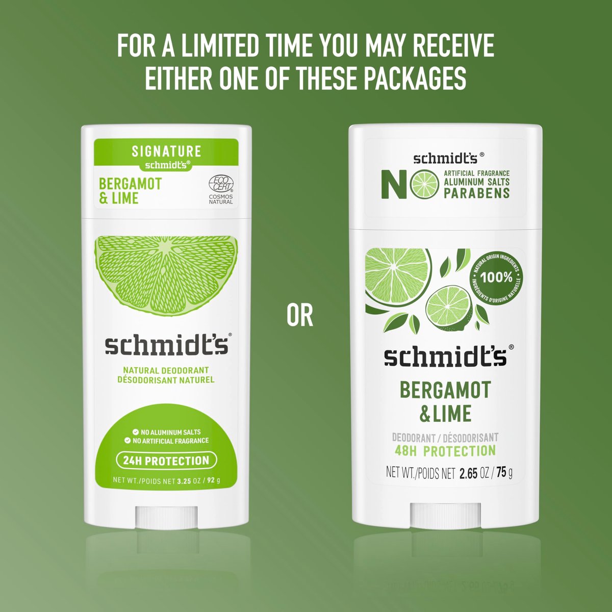 Schmidt's Aluminum-Free Vegan Deodorant Bergamot & Lime, 4-Pack, Natural 24-Hour Odor Protection for Women and Men, 2.65 oz Each Avelisse