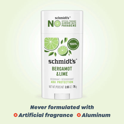 Schmidt's Aluminum-Free Vegan Deodorant Bergamot & Lime, 4-Pack, Natural 24-Hour Odor Protection for Women and Men, 2.65 oz Each Avelisse