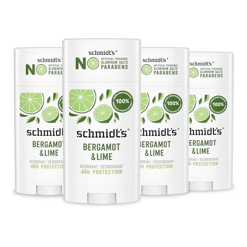 Schmidt's Aluminum-Free Vegan Deodorant Bergamot & Lime, 4-Pack, Natural 24-Hour Odor Protection for Women and Men, 2.65 oz Each Avelisse
