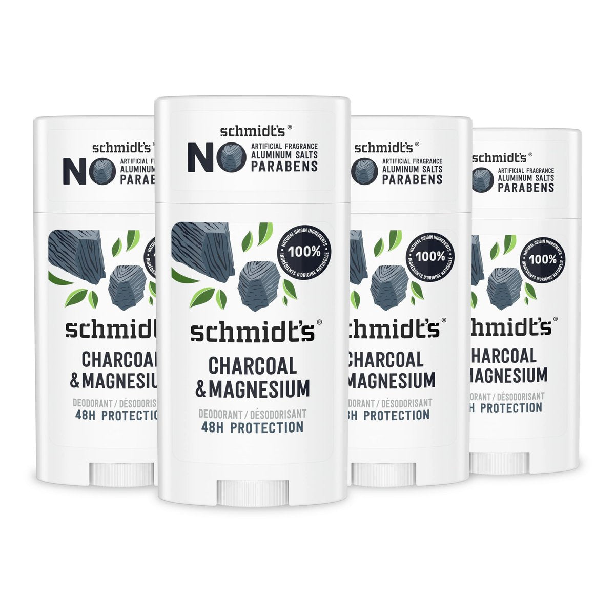 Schmidt's Aluminum-Free Vegan Deodorant Charcoal & Magnesium, 4-Pack, 2.65 oz Each, Natural Odor Protection for Women and Men Avelisse