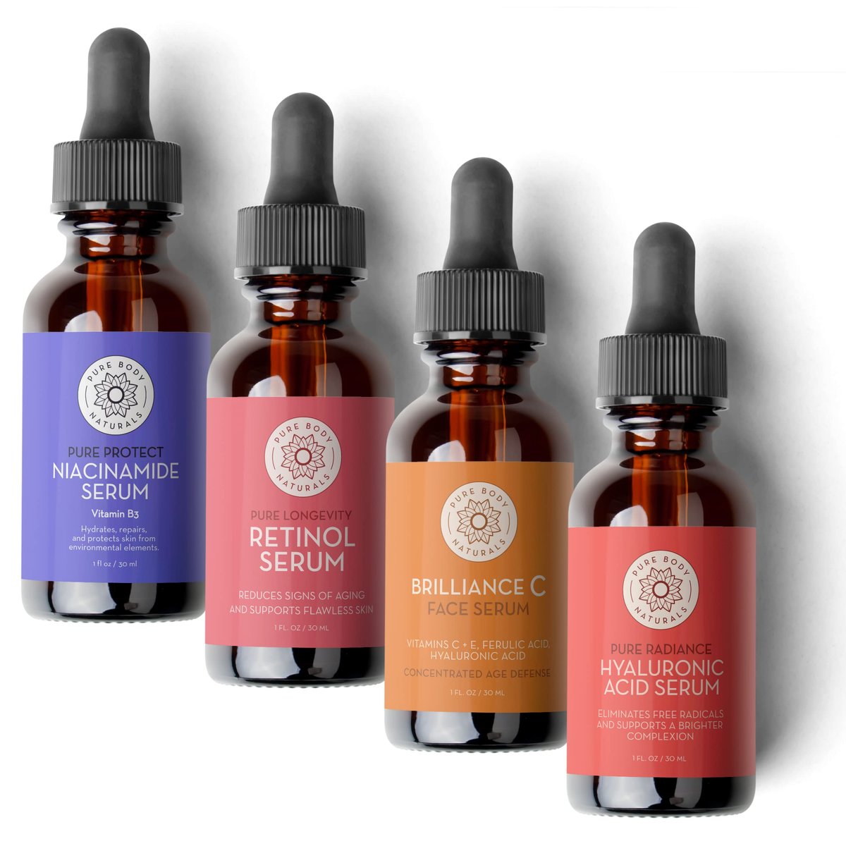 Pure Body Naturals Facial Serum Gift Set - Hyaluronic Acid, Retinol, Vitamin C & Niacinamide Serums for Women Avelisse