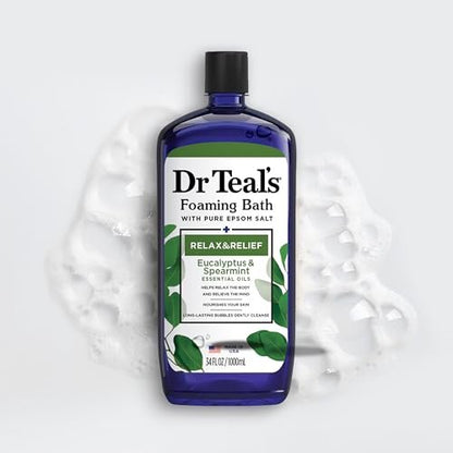 Dr Teal's Foaming Bath with Pure Epsom Salt, Relax & Relief with Eucalyptus & Spearmint, 34 fl oz (Pack of 4) Avelisse