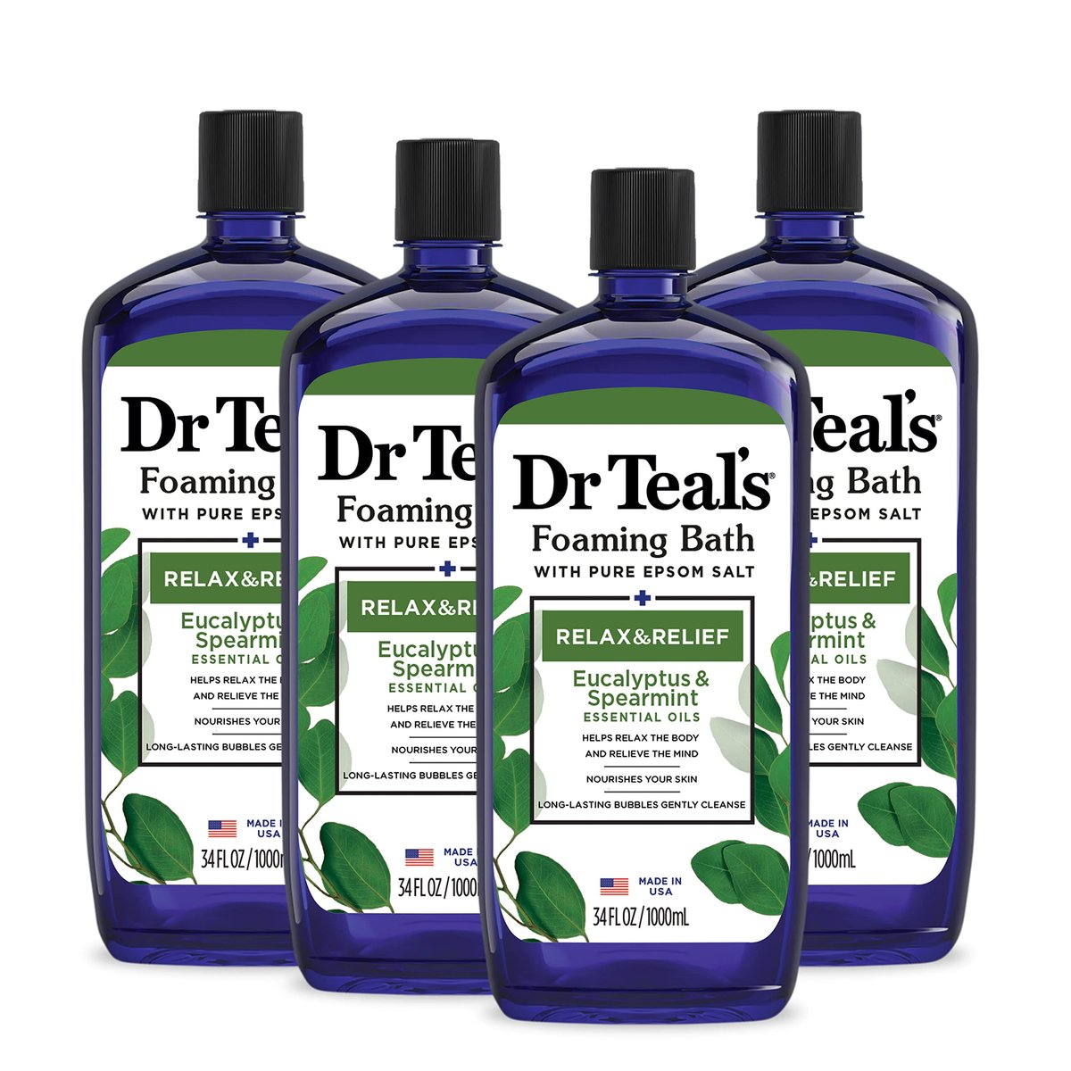 Dr Teal's Foaming Bath with Pure Epsom Salt, Relax & Relief with Eucalyptus & Spearmint, 34 fl oz (Pack of 4) Avelisse