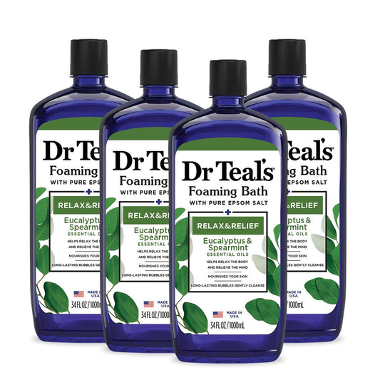 Dr Teal's Foaming Bath with Pure Epsom Salt, Relax & Relief with Eucalyptus & Spearmint, 34 fl oz (Pack of 4) Avelisse